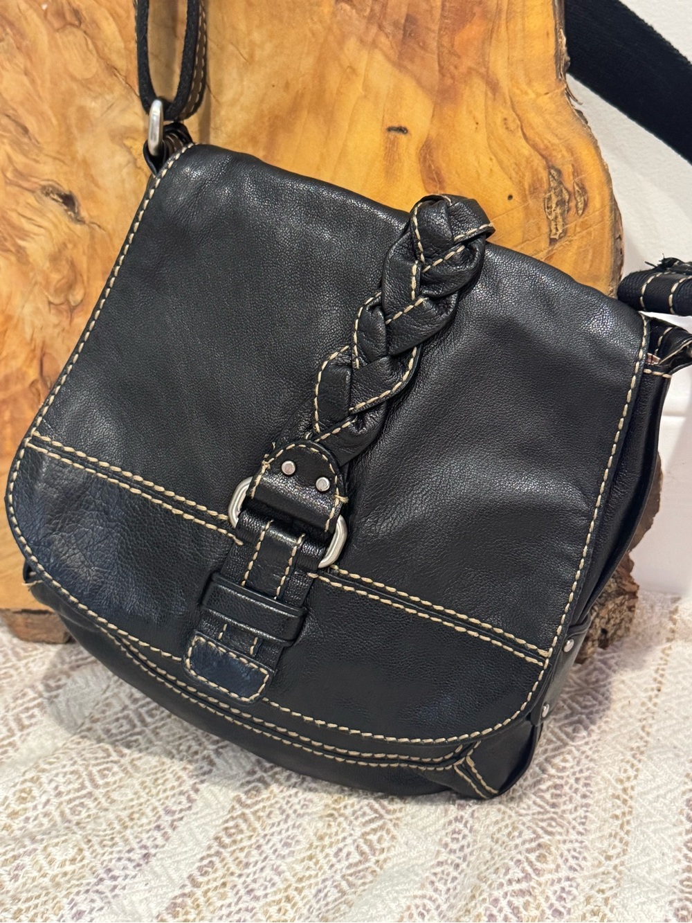 Fossil 1954 Black Leather Crossbody Messenger Bag Braided Flap Vintage